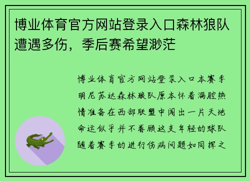 博业体育官方网站登录入口森林狼队遭遇多伤，季后赛希望渺茫