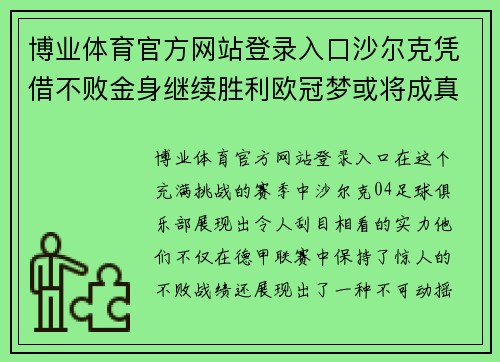 博业体育官方网站登录入口沙尔克凭借不败金身继续胜利欧冠梦或将成真